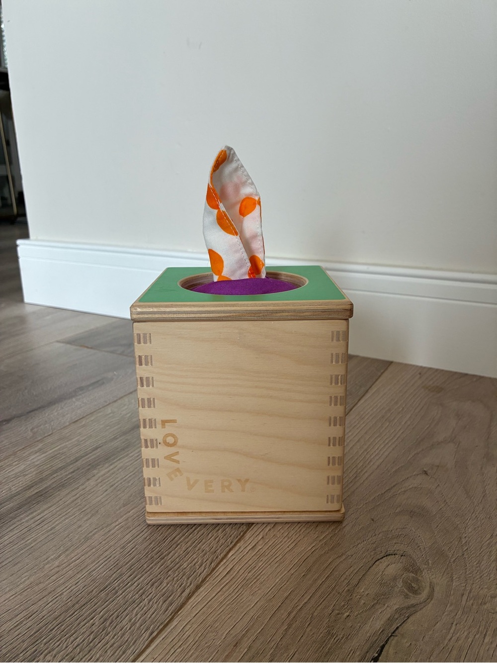 Lovevery Montessori Wooden Sensory Tissue Box Toy - Green & Purple